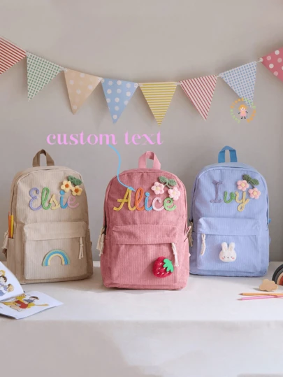 1pc Personalized Toddler Backpack, Corduroy Backpack With Baby's Name, Pink Fashion Cute School Bag, Handmade Embroidered Corduroy Backpack, Suitable For School And Daycare, Creative Unique Cute Backpack, Back To School/Birthday/Holiday Customized Gift, Outdoor Backpack