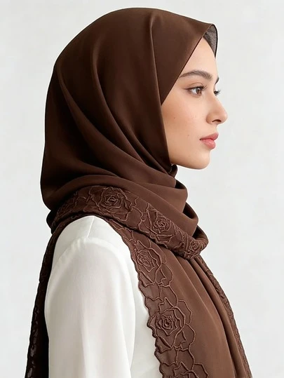 1pc Rose Embossed Lace Chiffon Headscarf, Women Casual Scarf, Monochrome Chiffon Silk Scarf,Beach,Holiday