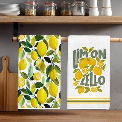 2 piezas Toallas de cocina de verano con diseño minimalista de limón de dibujos animados, de material de poliéster suave, adecuadas para la decoración de la cocina, limpieza, decoración de fiestas, artículos esenciales de cocina y baño, decoración del hogar, regalo de inauguración de la casa