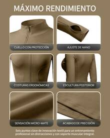 Chaqueta deportiva de manga larga con cremallera de color liso para mujer, corte ajustado y puños con abertura para el pulgar, ideal para fitness, yoga y running. - Albaricoque - Ver 3