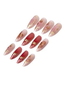 24Pcs Cat Eye Blush Medium Almond Press On Nails, 3D Gold Bow & Rose Flower Decor, Red Glossy Fake Nail Set, Perfect For Summer Dates - Red - View 6