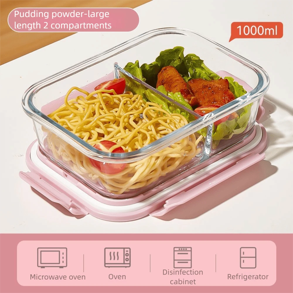 高硼硅玻璃密封食品储物盒，2/3格，防漏，微波炉/烤箱/冰箱适用，可堆叠，可重复使用，无需电源，易于清洁，适合家庭和旅行，方便办公人员使用。
