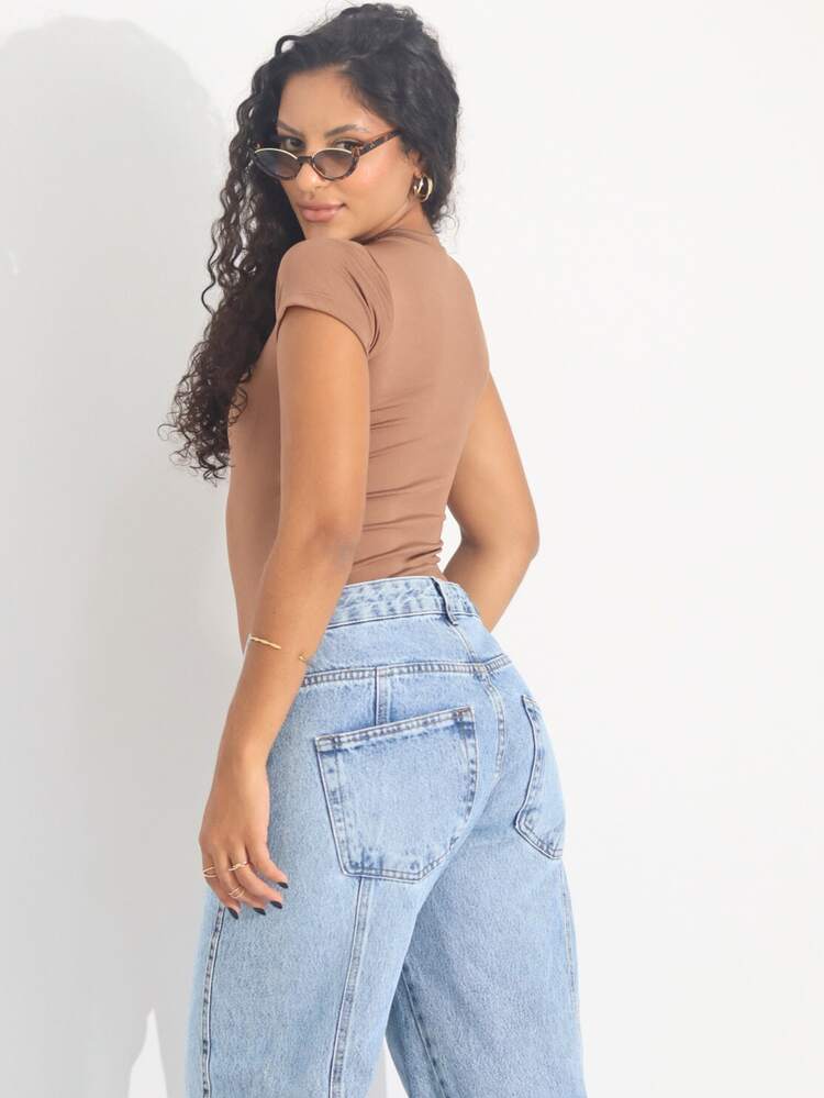 Kit 2 Women's Bodysuits, Short Sleeve | Comfortable Suplex | Casual Summer Fashion - Nâu/Đen - Xem 4