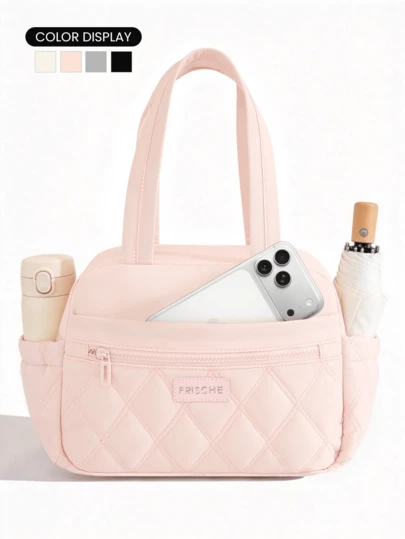 1pc Large Capacity Lightweight Insulated Lunch Bag, Multi-Layer & Dual Side Pocket Design, Perfect For Ice Packs, Diamond Quilted Craftsmanship, Distinctive Compact Thermal Lunch Bag, Suitable For Students And Teachers