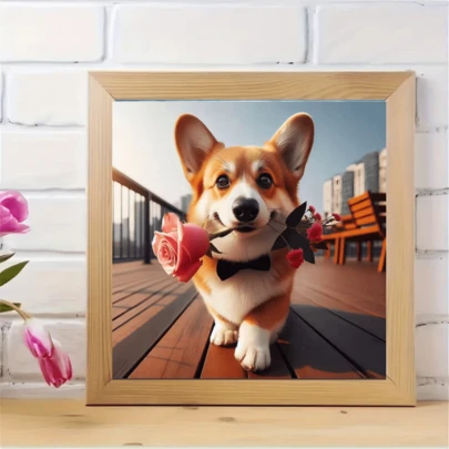 1pc New Corgi Biting Rose Themed Diamond Painting Kit, 5D Round Crystal Diamond Mosaic DIY Craft, Suitable For Handmade Gifts, Living Room, Bedroom, Christmas, Easter, Valentine's Day, Eid Al-Adha, Hot , Father's Day, Mother's Day, Wedding Season, Frameless