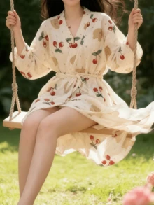 Áo choàng in hình gấu anh đào dễ thương, áo kimono kiểu Nhật bằng vải cotton mỏng. - Quả cherry - Xem 3