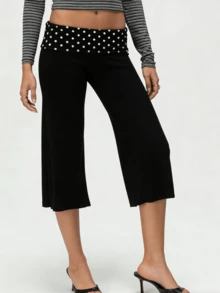 Women's Fold Over Waist Capri Fashionable Casual Solid Color Low Rise Wide Leg Crop Pants - trắng - Xem 1