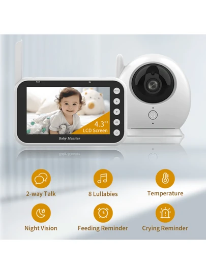 4.3英寸视频婴儿监视器，带摄像头和音频——注重隐私——无WiFi，具备夜视功能、双向通话、温度显示和警报、8首摇篮曲——远距离无线连接，适用于婴儿、老人和宠物