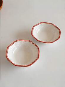 1pc Embossed Red Rim Ceramic Small Dish, Ins Style Snack Condiment Plate, Food Contact Tableware Dish, Suitable For Home, Restaurant, Gathering, Party - Red - View 7