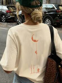 女士夏季流行字母印花宽松休闲T恤，百搭日常休闲装，度假穿搭 - 杏色 - 查看 5