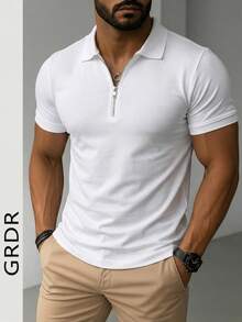 GRDR Men's Solid Color Short Sleeve Zipper Design Casual Versatile T-Shirt - Black and White - View 3