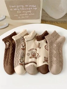 5 Pairs Women's Sweet Cute Cartoon Bear Ankle Socks, - Multicolor - View 4