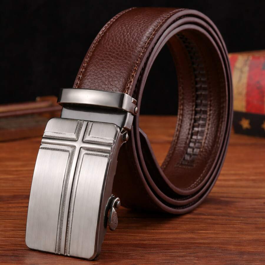 Set Of 2 Men's Dress Belts, Leather, Adjustable With Automatic Buckle, Casual, Father's Day. - Rust Brown - View 1