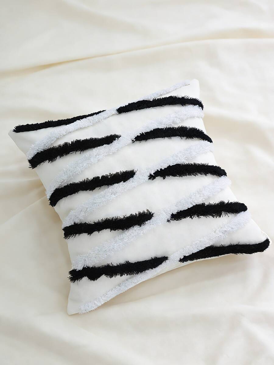 1件装黑白扭纹图案ins风毛绒抱枕套，3D提花设计简约卧室床头靠垫，单面毛绒，不含枕芯 - 黑與白 - 查看 1