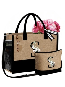 1 Conjunto Bolsa de Praia Feminina, Bolsa de Lona e Chapéu Acessórios de Praia, Letra A-Z, Adequado para Casamento, Aniversário, Férias, Ótimo Presente para Senhoras, Mães, Professoras, Amigas, Madrinhas, Estudantes, Bolsa Grande para Viagem, Fim de Semana, Presente de Aniversário Personalizado para Ela, Acompanha Lenço - Multicolorido - Visão 28