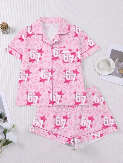 Bộ đồ ngủ nữ 2 món mùa xuân/hè, họa tiết nơ và da báo, quà tặng lãng mạn, áo tay ngắn cổ bẻ thoải mái và quần short rộng rãi co giãn, đồ ngủ dự tiệc lễ hội, đồ mặc nhà thường ngày.
