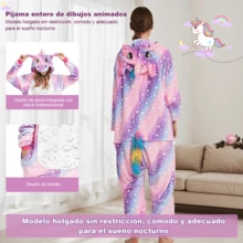 Mono Pijama Entero Unisex para Adulto y Parejas, Diseño de Unicornio con Estrellas y Cola Arcoíris Colorida, Pijama de Peluche Suave Térmico Cálido para Otoño e Invierno, con Capucha 3D, Cremallera Frontal y Abertura para Baño, Ropa de Noche Cómoda para Dormir en Casa, Disfraz Temático para Halloween y Navidad, Regalo Ideal para Parejas y Seres Queridos - Morado - Ver 8