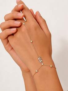 1 pieza Elegante cadena de mano y dedo con forma de hoja de cristal, joyería de lujo con cristales de strass como regalo para mujeres - Dorado - Ver 1