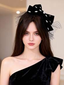 Kẹp tóc kiểu Pháp bằng nhung với nơ, điểm xuyết pha lê và lưới voan mỏng, phụ kiện đội đầu thanh lịch cho các bữa tiệc dành cho phụ nữ. - Nhiều màu - Xem 8