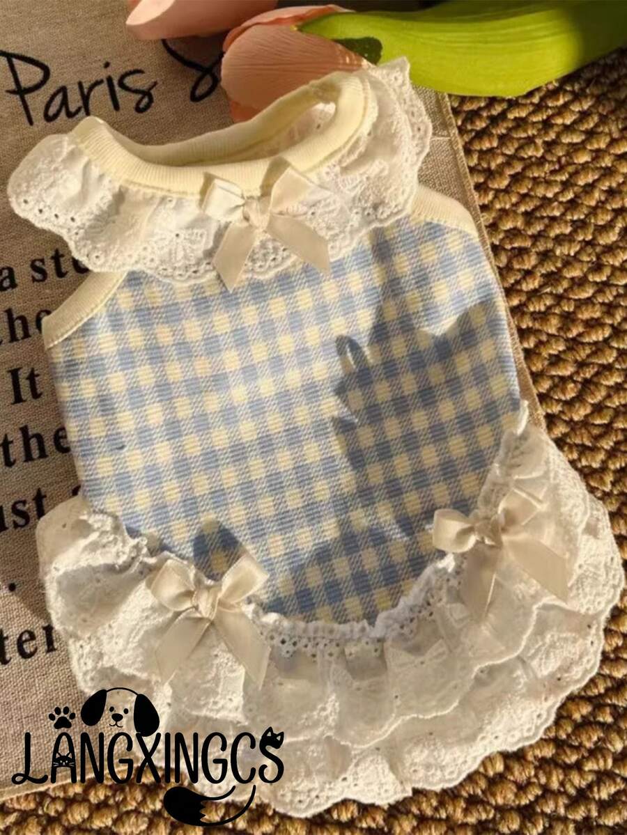 1件 LANGXINGCS 格子猫咪上衣，涤纶材质，柔软透气，蕾丝花边装饰，带蝴蝶结，清新时尚，适合中小型犬。 - 彩色 - 查看 1