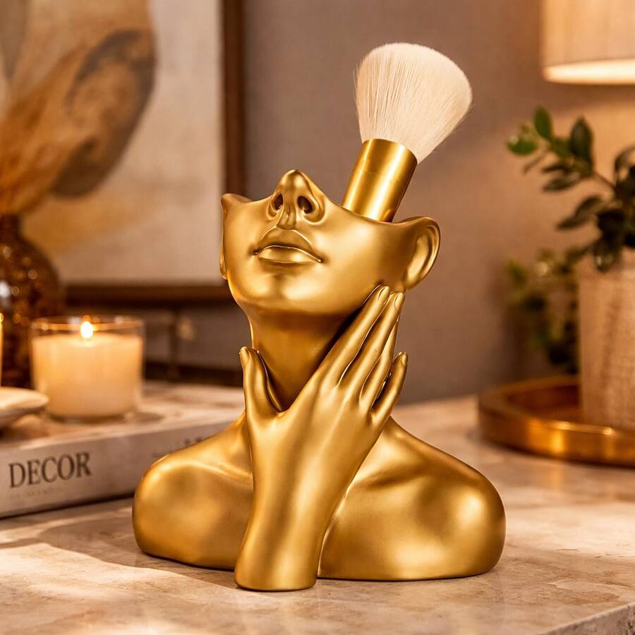 Makeup Brush Holder, Decorative Bust, Vanity Organizer, Modern Style, Premium Version - Gold - View 1
