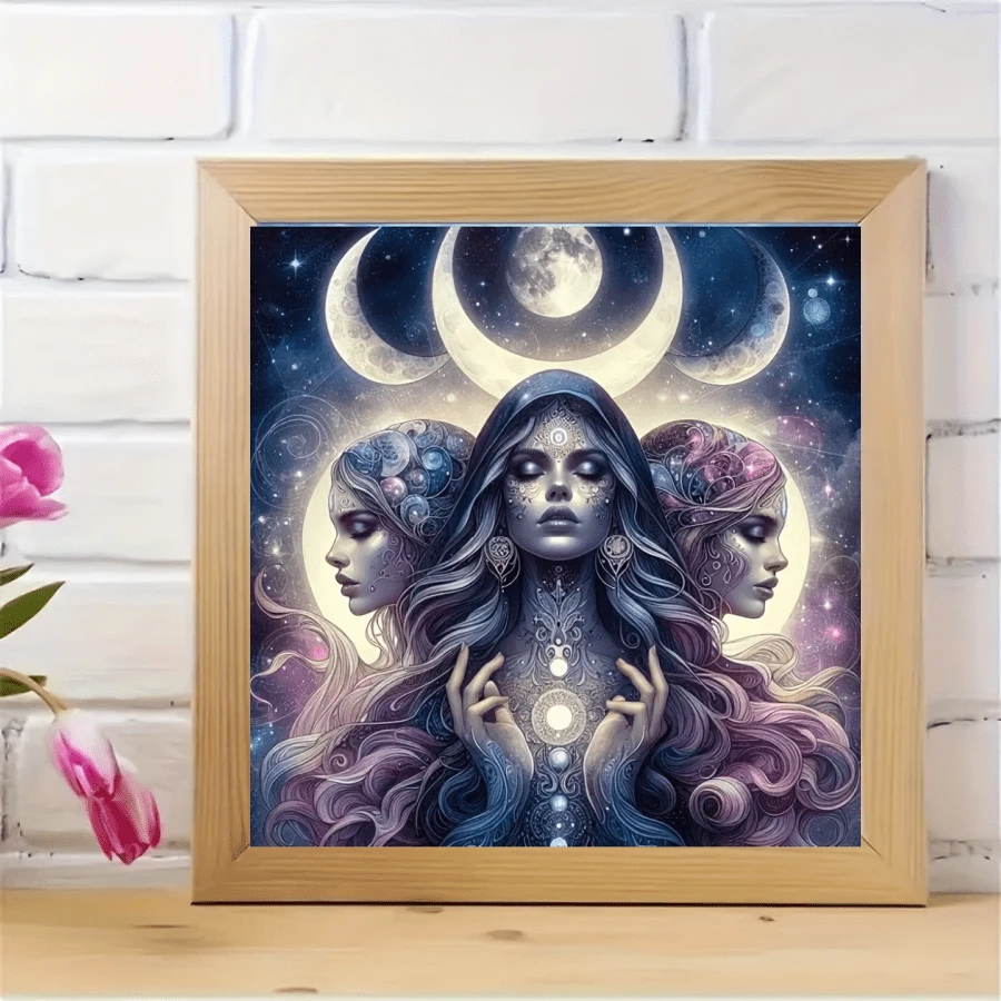 1件套全新女神主题钻石画套装，5D圆形水晶钻石马赛克DIY工艺品，适合制作手工礼品，装饰客厅、卧室，也适用于圣诞节、复活节、情人节、宰牲节、父亲节、母亲节、婚礼等场合，无框。