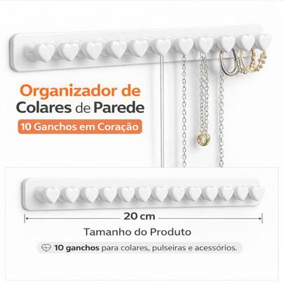 Organizador de Joias para Pendurar Coração de Parede Expositor de Anéis Suporte para Colares e Pulseiras Dupla face