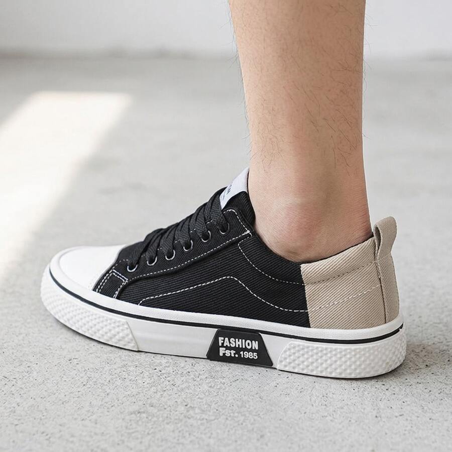 Tenis hombre lona con detalles PU y cordones, juvenil y look relajado. Ligeros, transpirables y antideslizantes, suaves y resistentes para uso diario. - Negro - Ver 1
