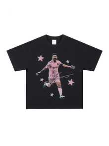 Vintage Mēssi 100% Cotton T-Shirt, Retro 90s Streetwear Soccer Star Signature & Pink Star Graphic Tee, Unisex Fan Short Sleeve Top - màu đen - Xem 1