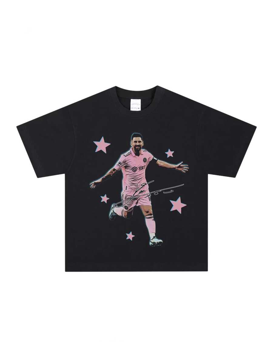 Vintage Mēssi 100% Cotton T-Shirt, Retro 90s Streetwear Soccer Star Signature & Pink Star Graphic Tee, Unisex Fan Short Sleeve Top - màu đen - Xem 1
