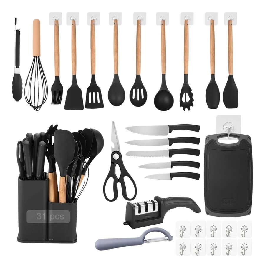 Silicone Kitchen Utensil Set, 31-Piece Knife Set - Black - View 1
