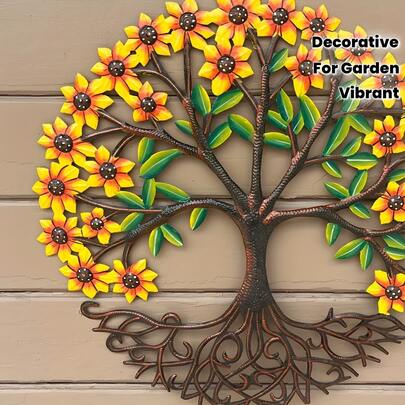 充满活力的向日葵生命之树亚克力墙饰 - 波西米亚风格，独特的室内/室外装饰，采用耐用亚克力材质，根部设计精巧，是家居和花园的理想之选，向日葵装饰