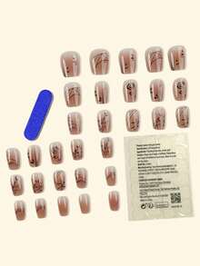 Y2K 提升你的造型 24 片装长棺材形超亮泽优雅裸色假指甲渐变几何条纹花朵新款中国风图案美甲简约风格假指甲人造手指美甲假指甲女士甜美可爱简约优雅风格美甲套装，配有可拆卸假指甲贴片，适合假日、派对、朋友聚会、约会、日常佩戴 - 彩色 - 查看 2