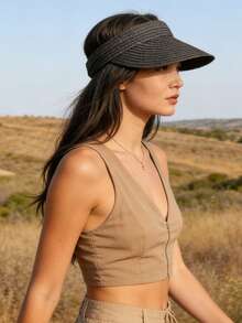 1pc Solid Color Straw Visor Hat, Windproof, UV Protection, 3D Design, Foldable, Fashion Versatile, Elegant Style, Soft & Comfortable, Suitable For Beach, Outdoor, Travel, Hiking, Cycling, And Various Occasions,Summer - Open Top - View 5