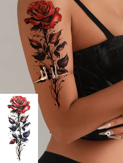 1pc Fashionable Cool Red Sexy Rose Flower Pattern Temporary Tattoo, Waterproof And Sweat-Proof, Suitable For Waist, Leg, Arm And Other Body Parts, Unisex