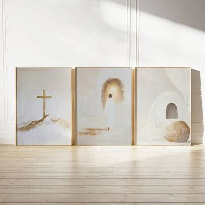 Bộ 3 tranh canvas không khung hình Chúa Giê-su màu vàng và be hiện đại, tranh nghệ thuật treo tường Cơ đốc giáo trung tính, tranh thánh giá Kinh Thánh, trang trí phòng thẩm mỹ, tranh nghệ thuật treo tường làm quà tặng, tranh treo tường cho phòng khách, hành lang, phòng ngủ, phòng ăn, ký túc xá, trang trí nhà cửa và ký túc xá.