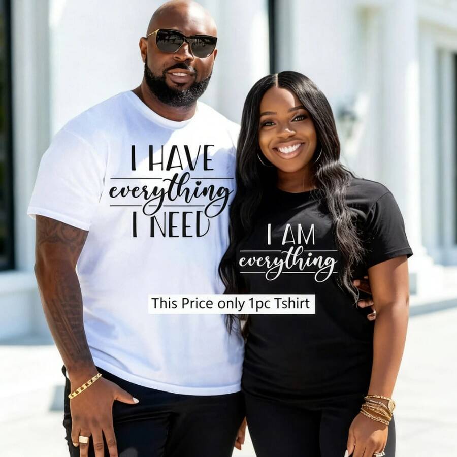 [Valentine's Day T-Shirts] Valentine's Day Couple's T-Shirts - Pair "I Have Everything I Need" "I Am Everything" - Cotton Regular Fit Short Sleeve Tops - All-Season Knit Fabric, Digital Heat Transfer, Festive Party Wear, Ideal Gift For Husband And Wife - Nữ Đen1PC - Xem 1