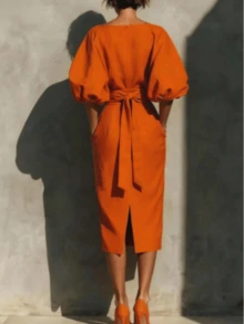女士优雅橙色中长连衣裙，船领，七分袖，带口袋 - 橘色 - 查看 3