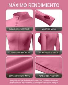 Chaqueta deportiva de manga larga con cremallera de color liso para mujer, corte ajustado y puños con abertura para el pulgar, ideal para fitness, yoga y running. - Palo de rosa - Ver 4