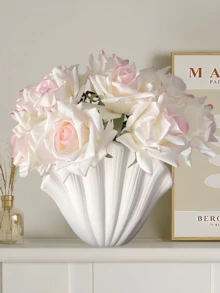 1pc Shell Shaped Vase, Modern Minimalist Decorative Container With Wrinkled Texture, Elegant White Unique Shell Silhouette With Embossed Pattern Desktop Centerpiece Decor For Home, Living Room, Bedroom, Entryway, Office, Vase, Home Decor, Wedding Party Table Decoration - Multicolor - View 3