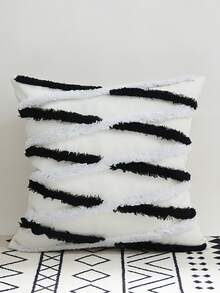 1件装黑白扭纹图案ins风毛绒抱枕套，3D提花设计简约卧室床头靠垫，单面毛绒，不含枕芯 - 黑與白 - 查看 5