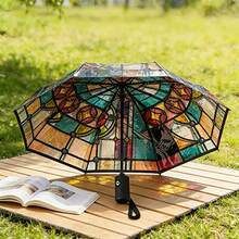 Stained Glass Style Transparent Umbrella - Romantic Poetic Folding Design, 8 Durable Ribs, Automatic Open/Close, Plastic Handle, Outdoor Travel Essential, 1pc/Pack - Multicolor - View 1