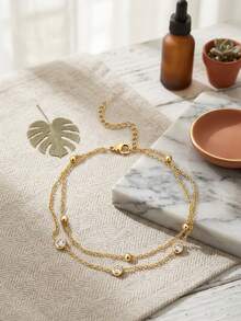 1 pieza Tobillera de acero inoxidable chapada en oro de 18K con capas, cuentas de circonita cúbica y dije, joyería para el pie, accesorio de verano para la playa para mujeres - Tobillera de circonita de doble capa - Ver 7