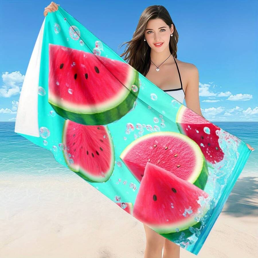 1pc Suige Home Super Soft Quick-Dry Microfiber Beach Towel & Blanket - Extra Large Lightweight Watermelon Pattern, Bright Green Background, Suitable For Beach, Pool, Camping, Vacation, Cute Beach Towel, Camping Gear, Pool Side Accessory, Fun Pattern, Fast Drying Material - 2 - View 1