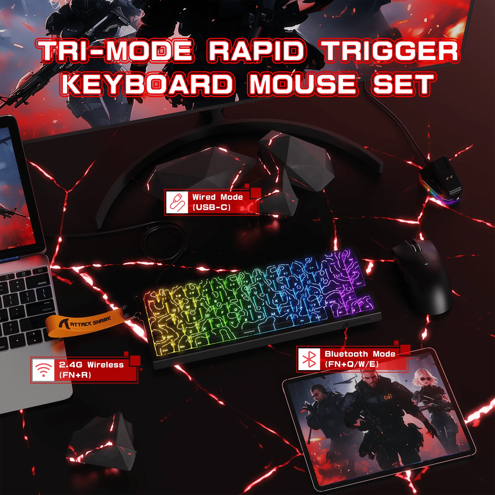 ATTACK SHARK X68HE PRO 快速触发无线游戏键盘和 X11 鼠标，8K 回报率，霍尔效应磁吸式按键键盘，三模式鼠标带磁吸式充电底座，22000 DPI，包含防滑鼠标垫 - 查看 1