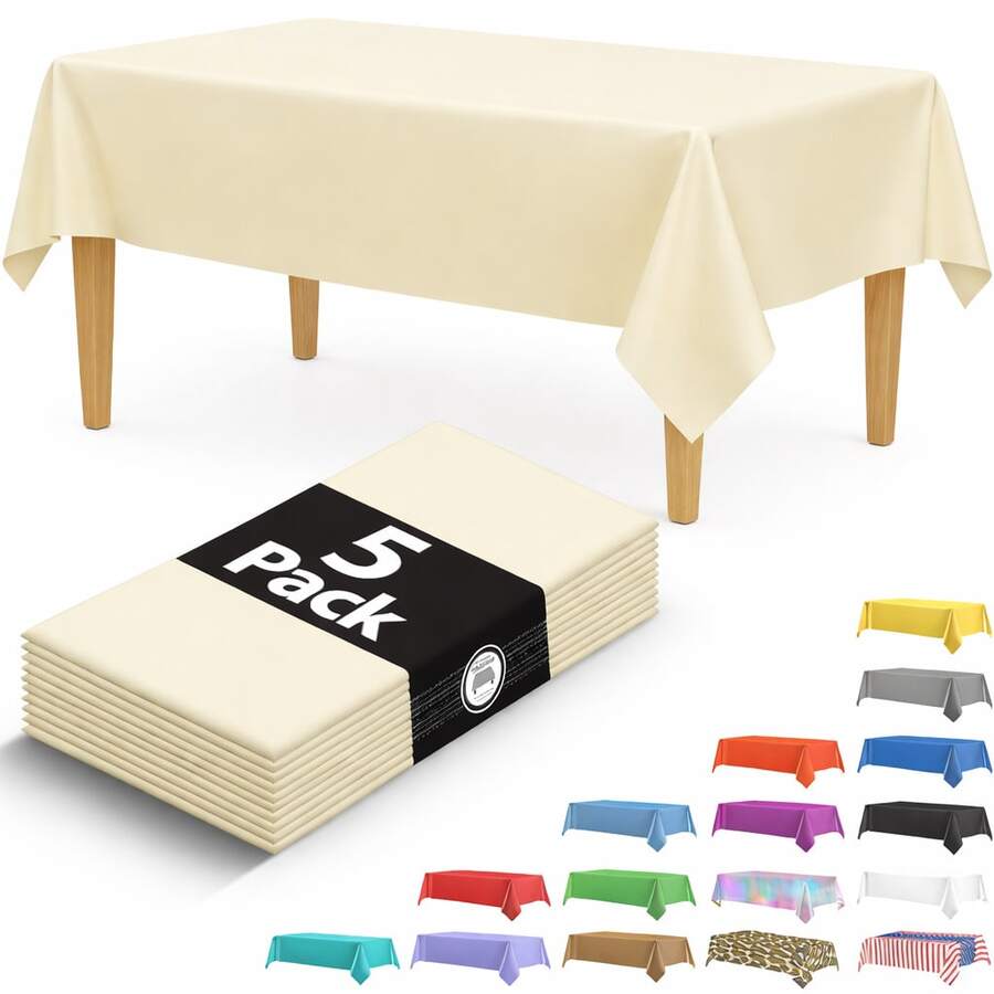 5 Packs Disposable Tablecloth 54 X 108 Inch Plastic Table Covers, Waterproof Rectangle Party Table Cover For Birthday, Wedding, Shower, Picnic, Holiday, Indoor Outdoor Decorations, Cream Beige - View 1