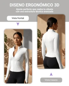 Chaqueta deportiva de manga larga con cremallera de color liso para mujer, corte ajustado y puños con abertura para el pulgar, ideal para fitness, yoga y running. - Blanco - Ver 2