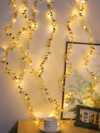 1pc 200cm/78.74inch 20LEDs Gold Leaf LED String Lights, Battery Powered Twinkle Lights For Bedroom, Living Room, Office, Wedding, Christmas And Party Decor, Warm Yellow Glow, Cozy Ambiance, Flexible Placement, Decorative Lights