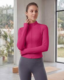 Chaqueta deportiva de manga larga con cremallera de color liso para mujer, corte ajustado y puños con abertura para el pulgar, ideal para fitness, yoga y running. - Rosa de fresa - Ver 5