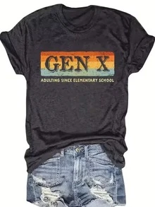 Retro Gen X Adulting Slogan Printed Top Casual T-Shirt Daily T-Shirt Vacation T-Shirt Sports T-Shirt Women's Clothing - A-101 - 查看 1